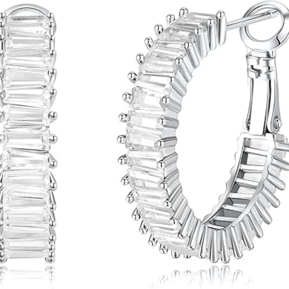 Stunning Cubic Zirconia Silver‎ Hoop Earrings Lightweight Hypoallergenic